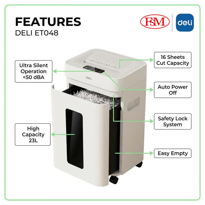 Compact Deli ET048 paper shredder beside office desk in Kuala Lumpur workplace