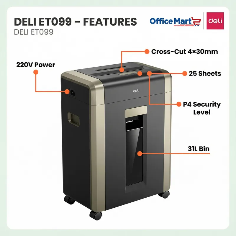 Deli ET099 office paper shredder with large waste bin in Kuala Lumpur workplace