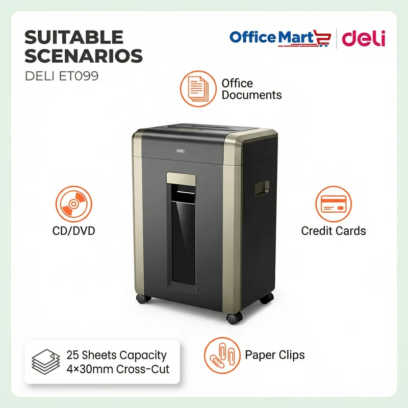 Close up of Deli ET099 shredding confidential business documents securely